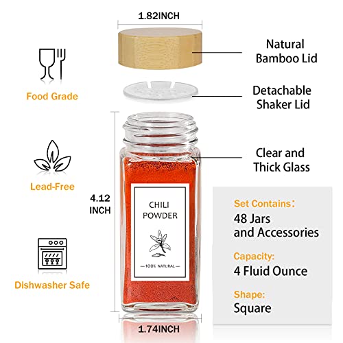 Aliggbent Spice Jars with Lable, 48 Pcs 4 oz Glass Spice Jars with Bamboo Lids, Spice Containers Bottles, Glass Seasoning Jars with Shaker Lids, Collapsible Funnel, for Spice Racks, Pantry,Cupboard 48PCS/4OZ
