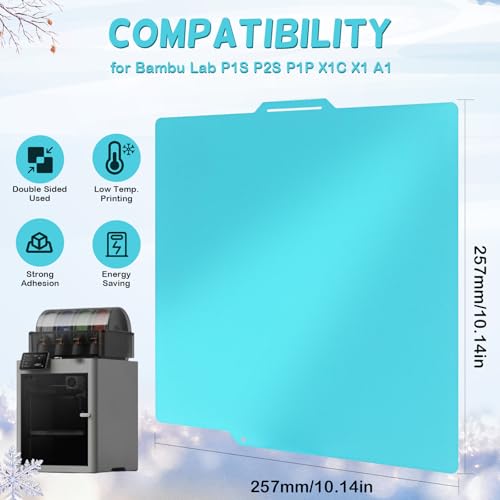X2D P2S P1S Cool Plate for Bambu Lab, Low Temperature 30-50℃ PLA Build Plate Double Sided Spring Steel Print Bed Plate for Bambu Labs X2D X1C X1 P2S P1S P1P A1 3D Printer Platform