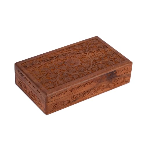 Ajuny Wooden Handcarved Decorative Jewelry Storage Box Flower Design Multipurpose Treasure Chest Keepsake Organizer Necklaces Watch Boxes Great for Gifts 10x6 Inch 10 x 6 Inch