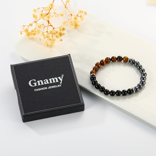 Gnamy Healing Crystal Bracelet Gifts for Men, Triple Protection Hematite Black Obsidian Tiger Eye Gemstone Beaded Bracelets Birthday Healing Jewelry Gifts Black-7