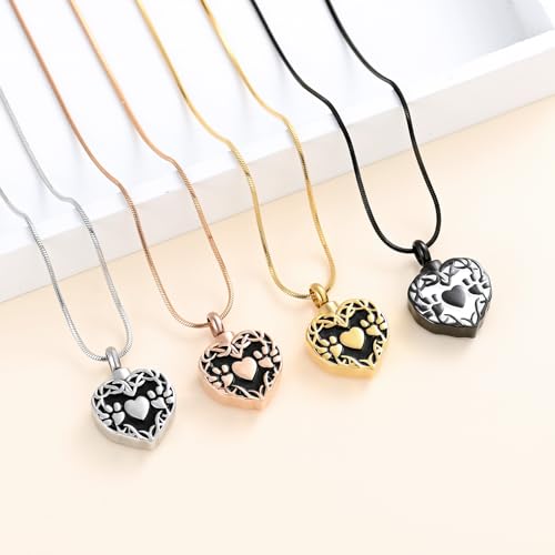 Minicremation Cremation Jewelry Heart Urn Necklace for Ashes with Double Paw Print Stainless Steel Love Heart Necklaces Memorial Ash Pendant Keepsake Jewelry Black