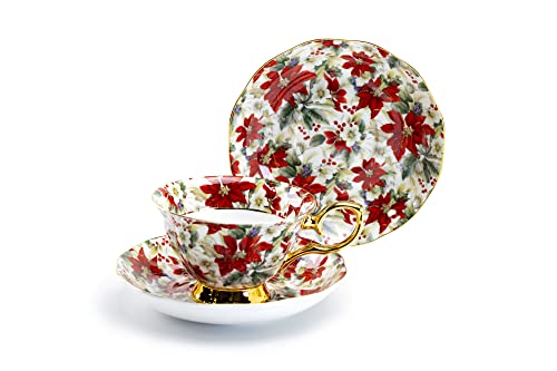 Poinsettia Chintz Gold Bone China Tea Cup and Saucer