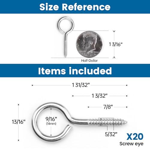 Muzata 2-inch T316 stainless steel eye screw hook for wood, M4 self-tapping screw eye, silver finish