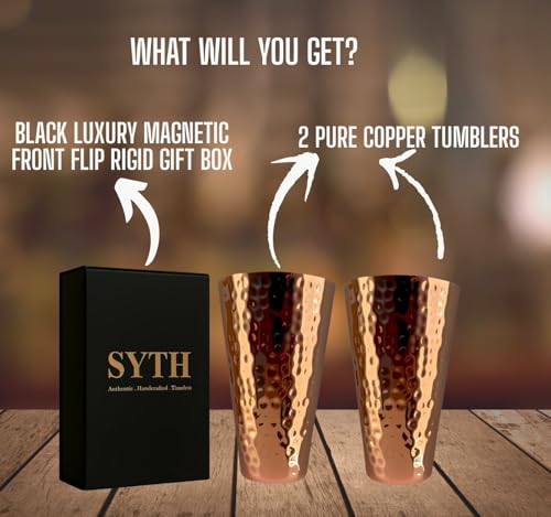 SYTH 100% Pure Copper Luxury Tumblers Set of 2 –18 Oz Large Drinkware Glass for Cocktails, Iced Tea, Moscow Mule, Water, Ayurvedic Detox, Handcrafted Hammered Copper Cups | Luxury Gift Packaging| (2)