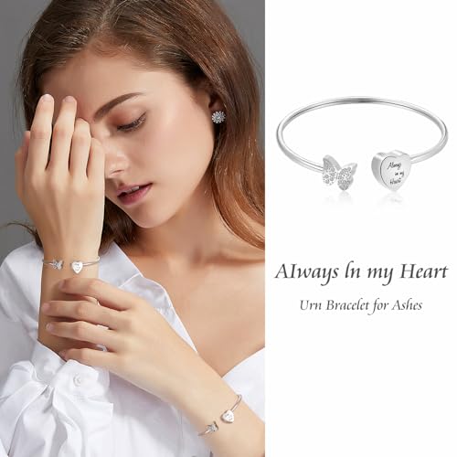 XIUDA Urn Bracelet for Human Ashes Butterfly Heart Ash Bracelet for Women Stainless Steel Openable Cuff Bangle Cremation Bracelet - Always in My Heart Silver