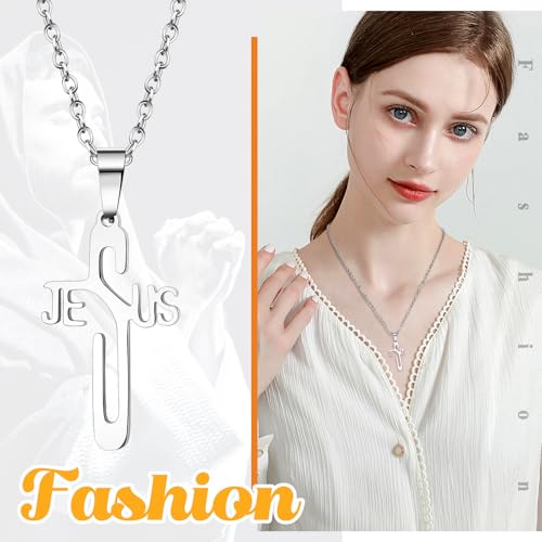 JewelryWe Jesus Silver Cross Necklace: Unisex Stainless Steel Christian Faith Men Women Unique Religious Gift Silver Polished Chain Pendant