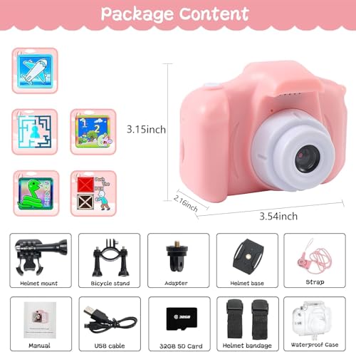 Kids Underwater Camera 12MP 1080P Digital Camera with 32GB Card & Case Pink