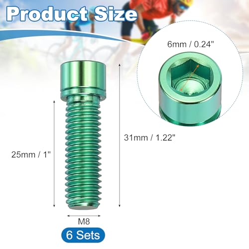YELARXI 6-piece green titanium bicycle stem bolts, M8x25mm hex socket fitting