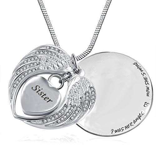 PREKIAR Angel Wing Urn Necklace for Ashes, Heart Cremation Memorial Keepsake Pendant Necklace Jewelry with Fill Kit and Gift Box Sister
