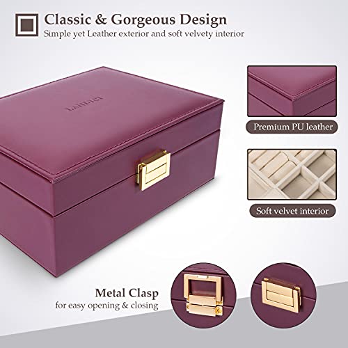 LANDICI purple 2-layer leather jewelry box with mirror, featuring compartments for rings, necklaces, and jewelry storage.