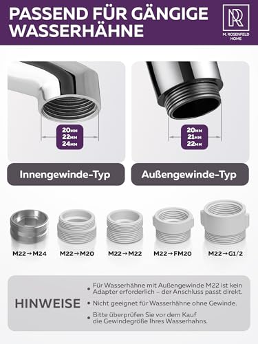 M. ROSENFELD HOME Swivel Tap Attachment - Tap Extension with 2 Jet Types, Rotating Tap for Kitchen & Bathroom - Universal M22 M24 M20 Adapter