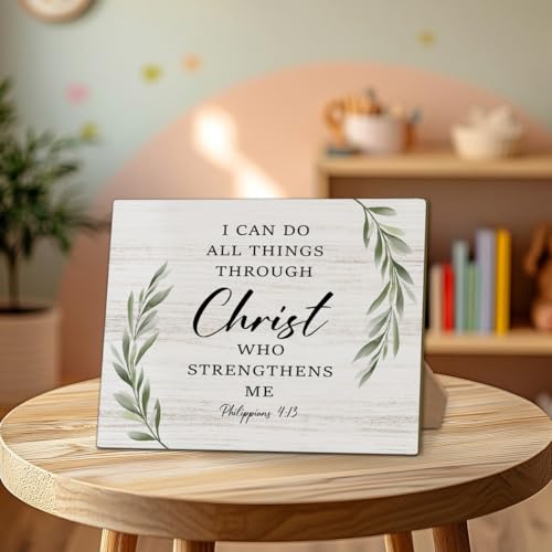 Bible Verse Philippians 4:13 - I Can Do All Things Through Christ Who Strengthens Me Sign, Home Bedroom Office Desk Decorations Jesus Decor, 8x11 Inch Greenery Wooden Sign with Stand-24