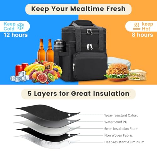 holuxer Lunch Bag & Lunch Box for Men Women - Large Double Deck Soft 22L Black