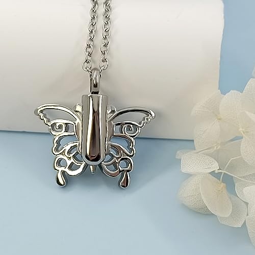 Now She Flies with Butterfly Cremation Urn Necklace for Ashes Stainless Steel Animal Memorial Urn Pendant Keepsake Gift Butterfly animal