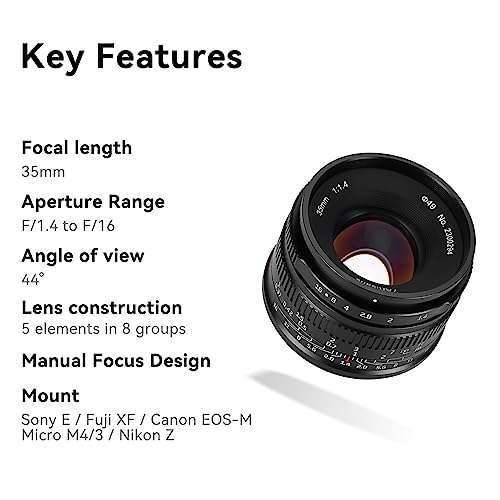 7artisans 35mm F1.4 Mark II APS-C Manual Focus Fixed Lens Large Aperture for Sony E Mount Mirrorless Cameras A6500, A6300, A6100, A6000, A5100, A5000, A9, NEX 5, 5T, 5R, 6 Sony E mount(Black)