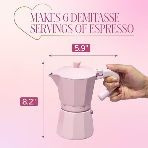 Paris Hilton Stovetop Espresso and Coffee Maker, Italian & Cuban Style Coffee Pot with Iconic Heart Knob, Perfect for Rich Aromatic Espresso, Makes up to 6 Espresso Cups, Pink
