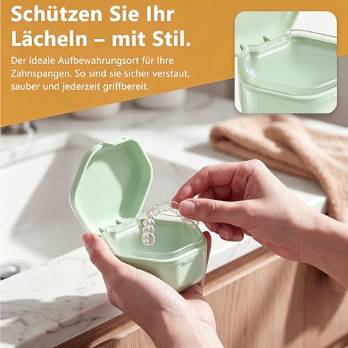Braces Box with Strainer and Mirror, Portable Denture Box, Tooth Splint Box, Leak-Proof Dentures Container for Aligners, Retainers and Mouth Guards, BPA-Free (Light Green) light green