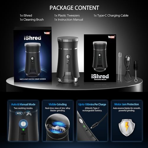 Yocan iShred, Intelligent Electric Herb Grinder, Top View Grinding, Dual Grinding Modes, Anti-Jam Functionality, Dual Purpose Glass Chamber, 450mAh Battery, USB-C Fast Charging