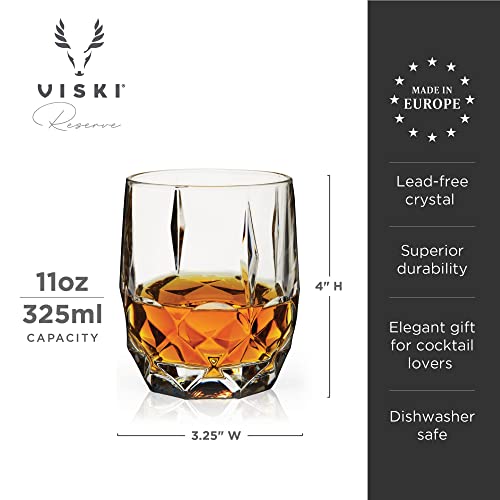 Viski Reserve Bruno Cocktail Glasses - Crystal Whiskey Glasses or Rocks Glasses - Ornate Cut Crystal Glasses 11oz Set of 2 Viski