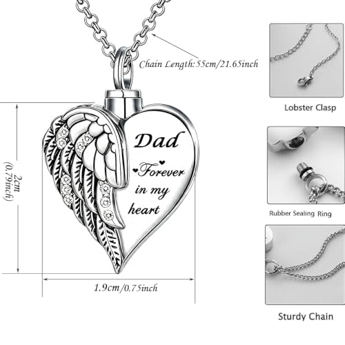 Heart Angel Wing Urn Necklace for Ashes for Women Cremation Jewelry Memorial Keepsake Pendant Forever In My Heart Grandpa