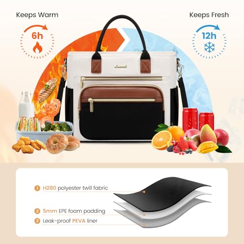 LOVEVOOK Insulated Lunch Box for Women,X Large Adult Lunch Cooler Bag Women Black with Off White with Brown X Large —18l