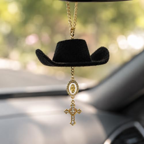 Baptism Car Charm Cowboy Hat Rear View Mirror, Virgin Mary Cross for Car Virgin Mary B