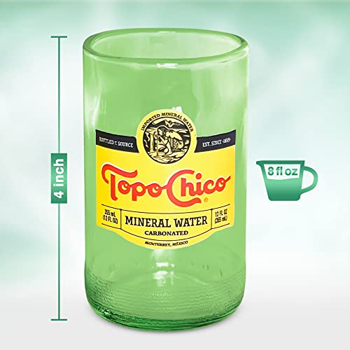 Topo Chico Drinking Glasses Green 8 Fl Oz Fire Polished Smooth Rim Upcycled (Set of 2) Gift - Glassware Sets - Glass Tumbler - Water Cocktail Wine Whiskey Tequila Glass - Cup - Drinkware