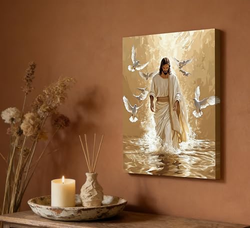 Jesus Walking on Water Christian Religious Canvas Wall Art 16x24 Inch Jesus and doves 24"L x 16"W