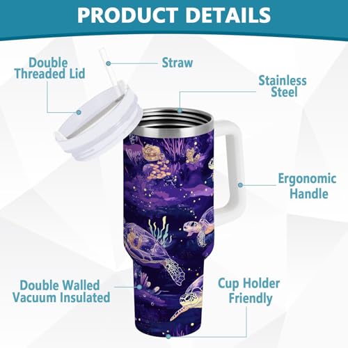 ALAZA Purple Turtle Nautical Ocean Coastal 40 oz Tumbler with Handle Insulated Water Bottle with Straw Lid Stainless Steel Vacuum Insulated Cup Travel Coffee Mug 40 Ounces Multi36