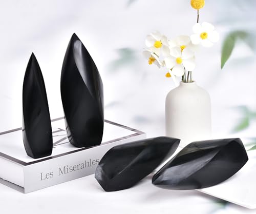JIC Gem Black Obsidian Spiral 4 Sides Crystal Obelisk Tower 1.1-1.7 Lbs