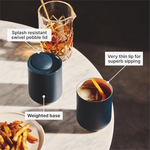 Fellow Rocky Lowball Tumbler Set of 2 - Insulated Stainless Steel Cocktail Tumblers with Ceramic Interior and Swivel Pebble Lid - 10 oz, Stone Blue 10 Ounces Pack of 2