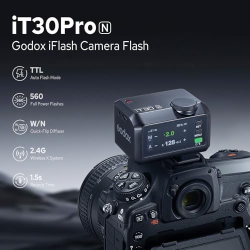 Godox iT30Pro N iT30Pro-N Flash for Nikon, 2.4G Mini Nikon Flash HSS 1/8000s, 560 Full Power Flashes, 2.8" Full-Color Touchscreen, TTL Auto-Exposure, Built-in Diffuser and Lithium Battery(Black) iT30ProN for Nikon