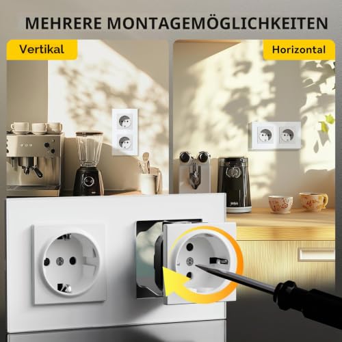 Schuko Socket Flush-Mounted EU Standard, 86 x 157 mm Wall Socket 16 A with Glass Frame, Easy Installation, Folding Claws, Type F Double Socket with Earth, 2-Way, White 2 outlets
