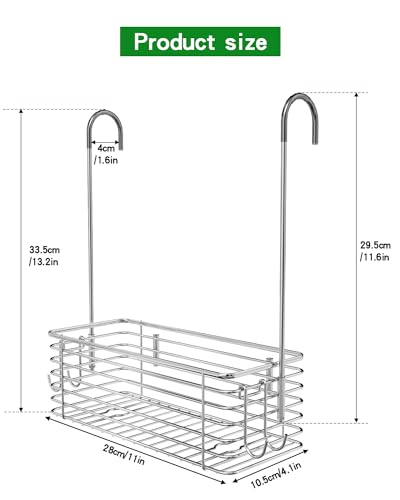 Stainless steel over door shower caddy with hanging hooks and single-layer storage basket for shampoo and bath essentials.