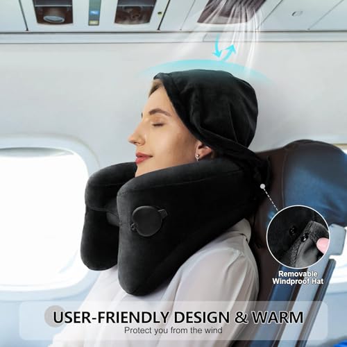 Sunany Neck Pillow for Travel Inflatable Airplane Pillow Comfortably Supports Head,Neck and Chin,Inflatable Travel Pillow with Soft Velour Cover,Portable Drawstring Bag (Black with Hat) Dark Black H-Shape