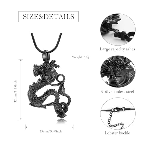 Dragon Urn Necklace for Ashes Cremation Jewelry for Women Men Stainless Steel Memorial Necklaces Ash Holder for Human Pets Keepsake Jewelry for Loved Ones with Fill Tool Black