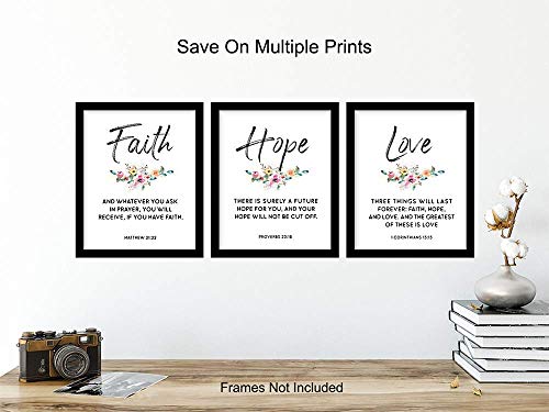 Religious Christian Wall Art Decor - Inspirational Faith, Hope, Love Bible Verse Wall Art - Scripture Decor Signs - Home Decorations for Kitchen, Living or Dining Room, Bedroom - Unique Gift