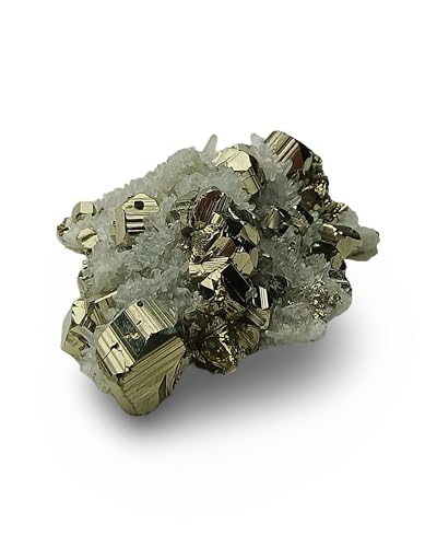 Natural Pyrite Crystals with Clear Quartz Crystal from Peru - Authentic Specimen Formed by Clusters & Druses of White Quartz and Pyrite Stone | for Collection, Decoration or Gifting (3 to 4 Ounce) 3 to 4 Ounce