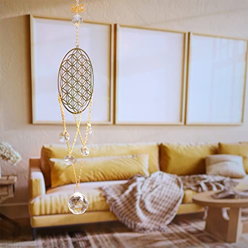 Flower of Life Crystal Suncatcher, Sacred Geometry Wall Decor, Home Office Garden Decorative Hanging Ornament