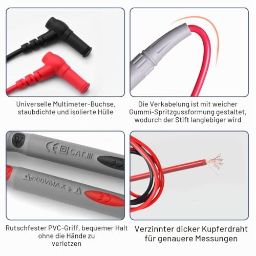 Heavy-Duty Multimeter Test Lead, 1 m, 1000 V, 20 A, Test Cable Set with Measuring Tips, Flexible Test Leads