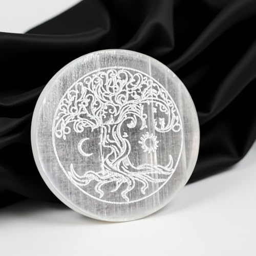 Selenite Crystal Charging Plate - Engraved Tree of Life Healing Stones Coaster - 3" Round Disc for Home and Office Table Decor - Crystals and Healing Stones 3 Inch