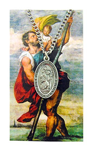 St Christopher Pewter Medal Steel Chain USA Made with Holy Card &Gift Box
