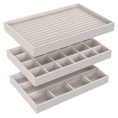 ClosetMaid Jewelry Trays, Set of 3, Stackable, Soft Velvet, Accessory Organizer for Earrings, Necklaces, Watches, Bracelets, Rings, Light Grey