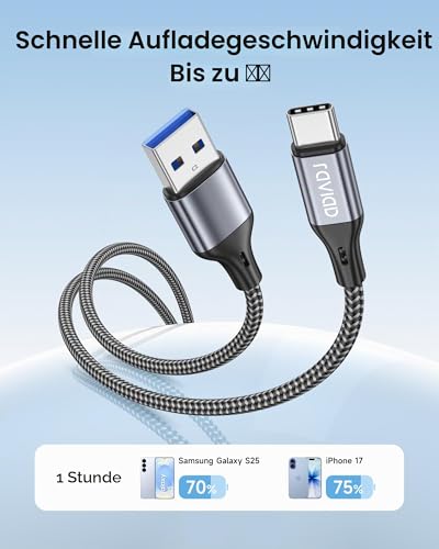 Raviad USB 3.0 to USB C Cable 1 m, Fast Charging Cable USB C Data Cable 5 Gbps | Nylon Braided QC 3.0 USB C Charging Cable for iPhone 17 16 15 Pro Max, Samsung Galaxy S26 S25, Macbook, iPad Pro, Air, Pixel gray 5Gbps 1M