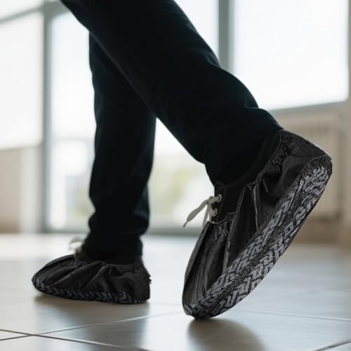 Shoe Covers, Black, Non-Woven Fabric, Pack of 100, 17 x 45 cm, Non-Slip Overshoes with Tread Pattern, Disposable Shoe Covers, Durable Shoe Covers, Tear-Resistant for Indoor and Outdoor Use
