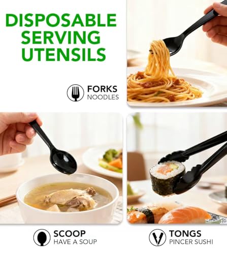 36 PCS Plastic Serving Utensils, Disposable Serving Spoons Forks Tongs for Buffet Serving Utensils Set for Parties Black Serving Utensils for Restaurant Dinner Salad Noodles Soup