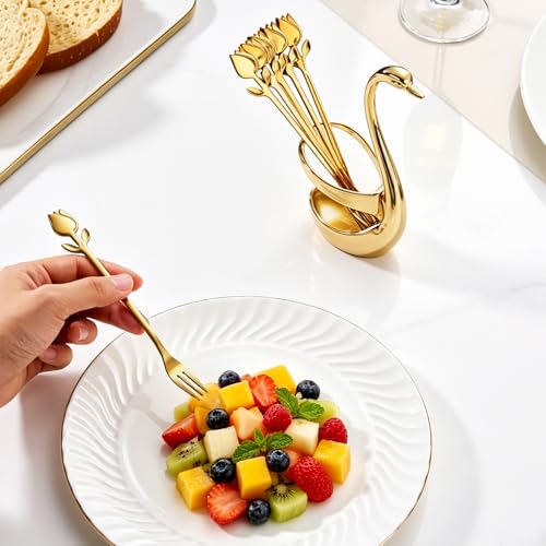 Gold Dessert Fork Set of 12 with Swan Base Holder, 6 Inch Gold Swan set