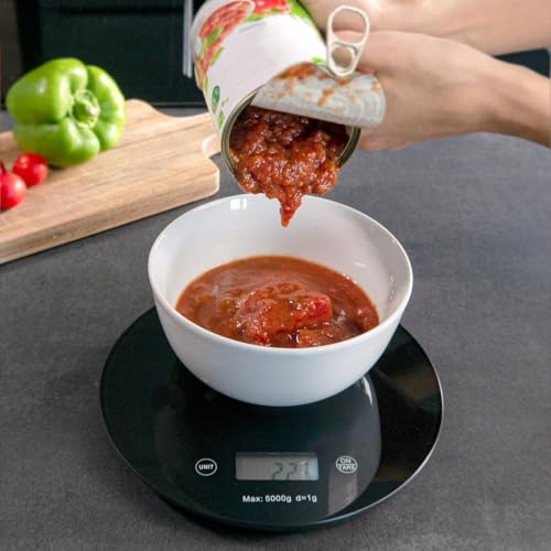 Intirilife Kitchen Scale, Digital Round Food Scale with LCD Display, in Black, made of Glass and ABS Plastic - Max. 5 Kg - 20 x 1.6 cm - Electronic Household Appliance, Batteries Included