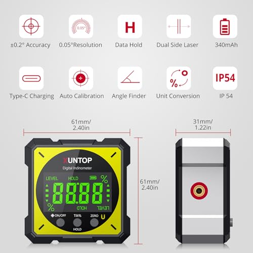 XUNTOP digital angle finder with Class 2 laser, under 1mW output, shown as a line laser tool