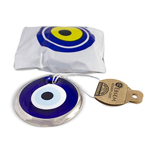 Silver Gilt Handmade Evil Eye Turkish Greek Glass Charm Decorative Ornament for Good Luck, Success and Protection (2.7 inches) 2.7 inches